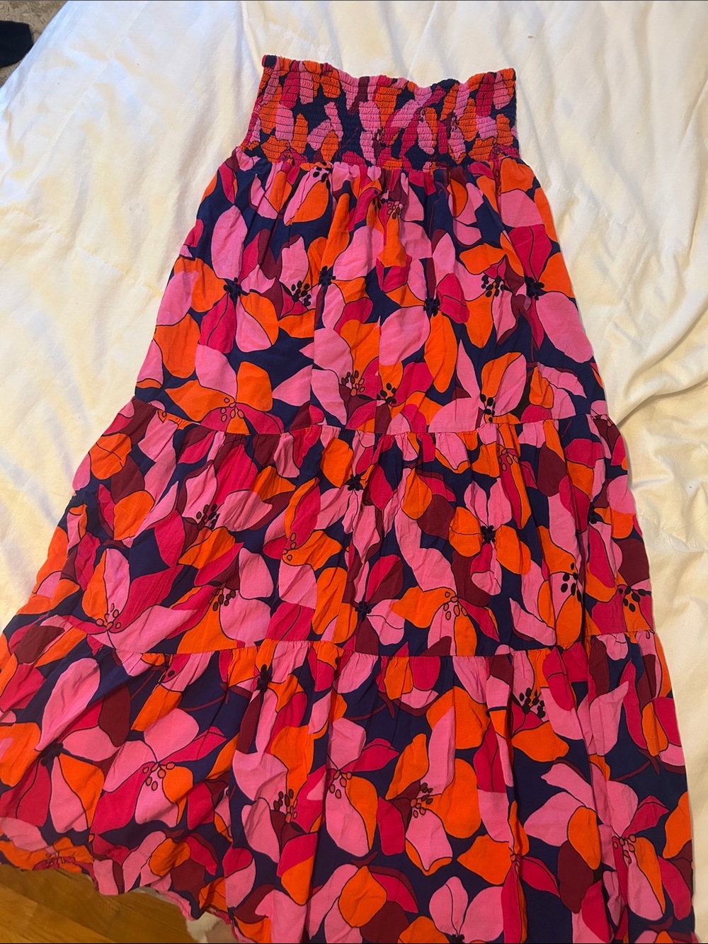 Vibrant Pink & Orange Floral Tiered Maxi Skirt